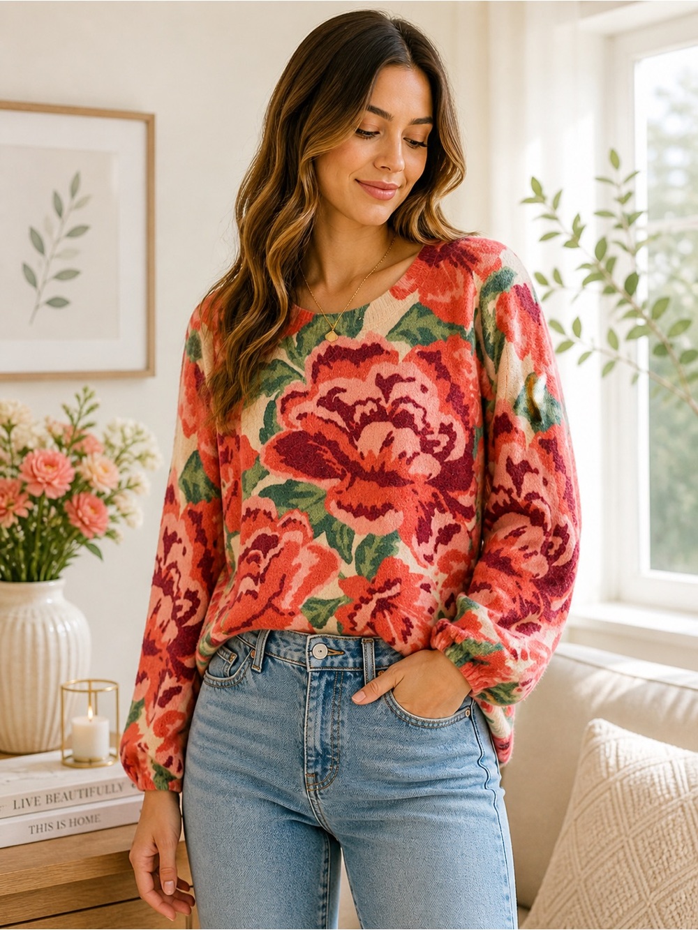 Floral Crewneck Sweater - Pink Multi